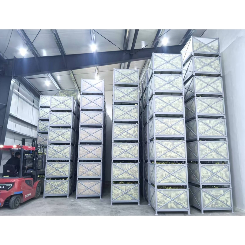 How can metal storage boxes extend the shelf life of fruits and vegetables at a constant temperature during outdoor stacking through ventilation?